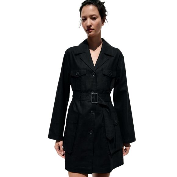 ZARA Belted Linen Jacket Dress Safari Black Matrix Trench Utility Size XS S - Picture 11 of 11